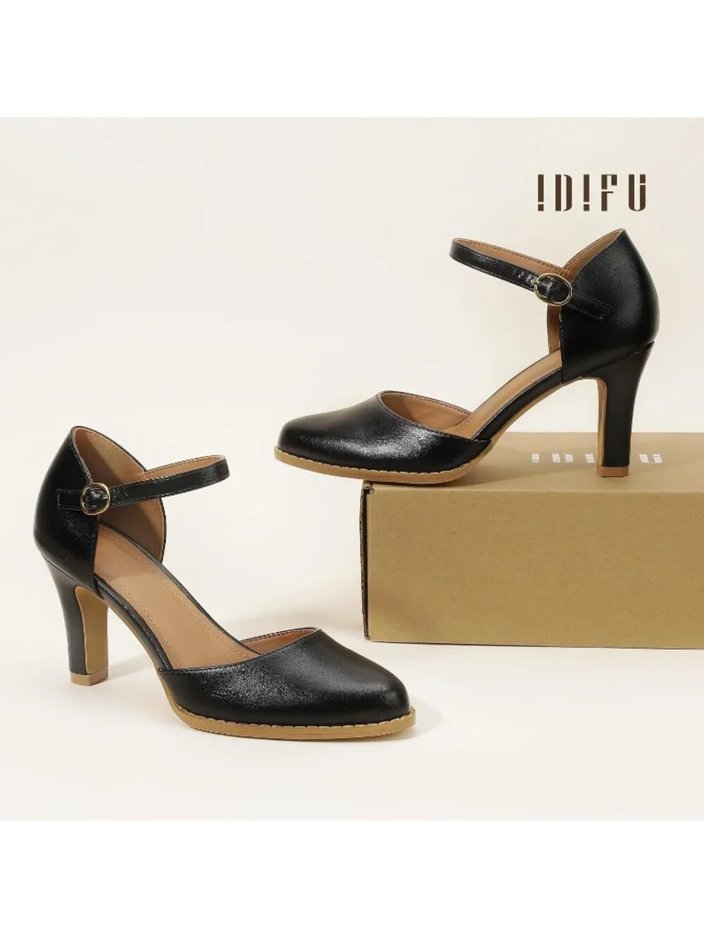Women's Black Pu Closed Toe Chunky High Heel Comfortable Party Dress Pumps Shoes
